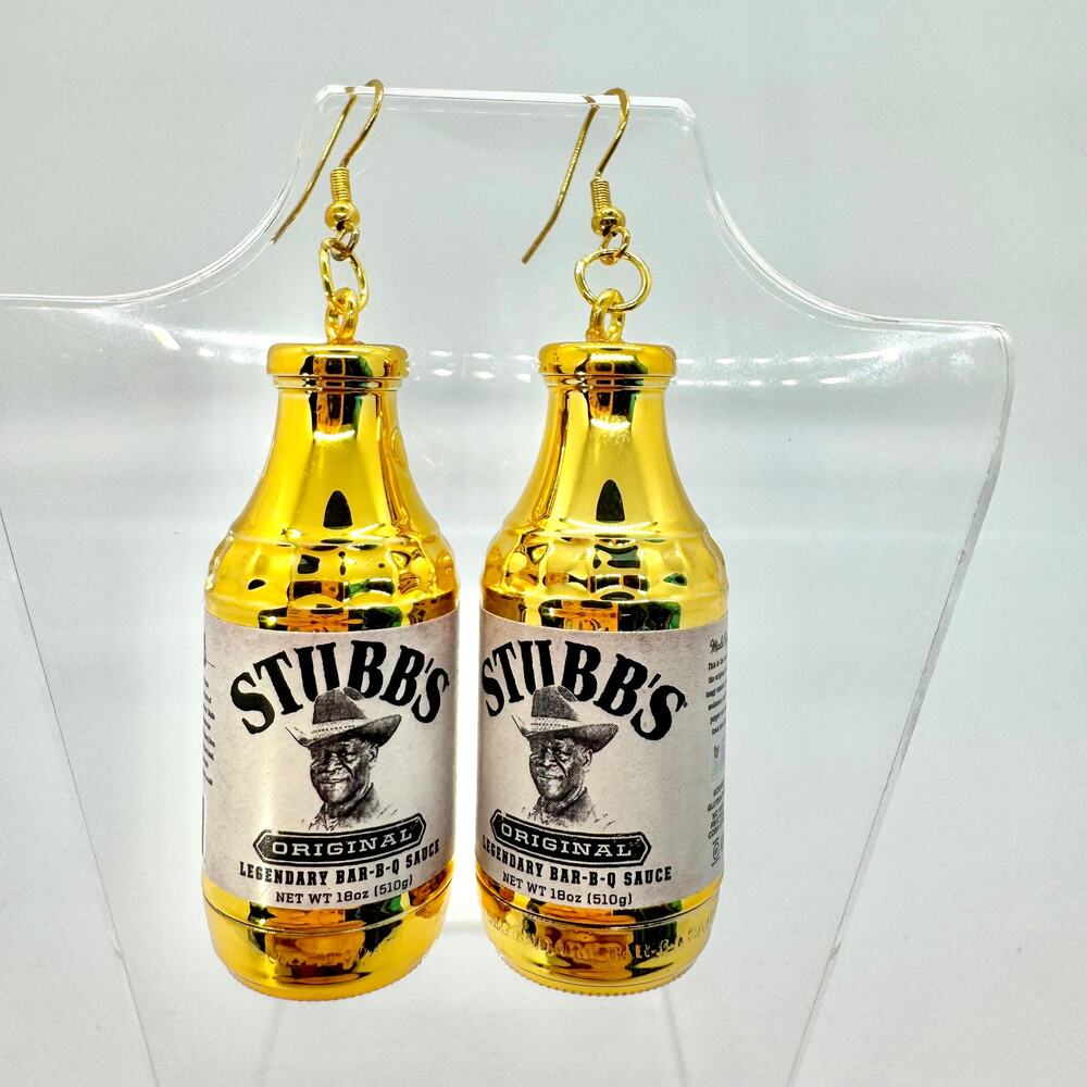 Gold Stubbs Sauce Earrings - Metallic BBQ Dangles - Bold Foodcore Aesthetic